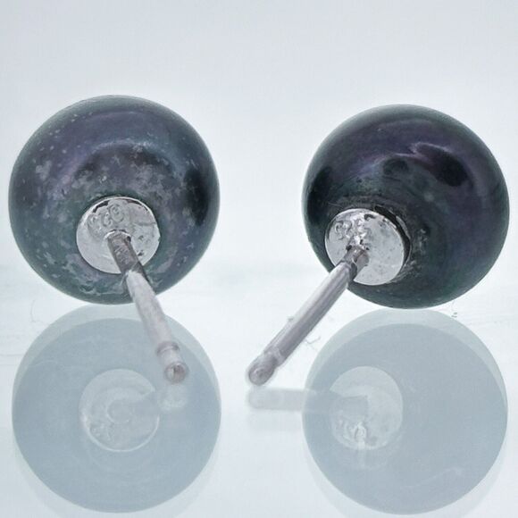 Vintage Sterling Silver 925 7.5mm Iridescent Dark Blue Pearl Stud Earrings - Picture 4 of 6